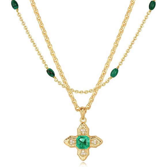 Dainty Gold Layered Cross Necklace with Cubic Zirconia - 14K Gold Plated Charm - Picture 1 of 6